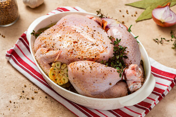 Whole raw chicken with herbs and spices ingredients in a baking dish. Cooking chicken in the oven. Tasty homemade food. 