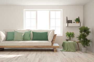 Fototapeta premium Stylish room in white color with sofa. Scandinavian interior design. 3D illustration