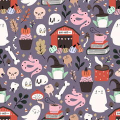 Cute and spooky illustrated halloween pattern. Seamleass repeated background.