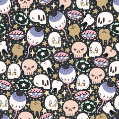 Cute illustrated halloween pattern with sculls, eyes, teath and stars. Seamleass repeated background.