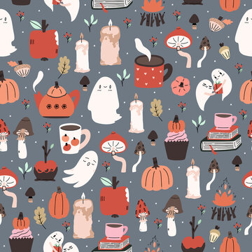 Cute illustrated halloween pattern. Seamleass repeated background.
