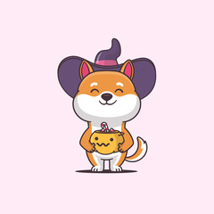 Cute shiba inu kawaii cartoon character holding box with candies wearing witch Halloween costume vector illustration.