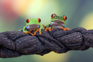 Red-eyed tree frogs on a tree branch