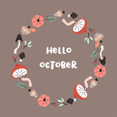 Hand drawn illustrated circle wreath design. Leaves, brunches, mushrooms, pumpkins and acorns.