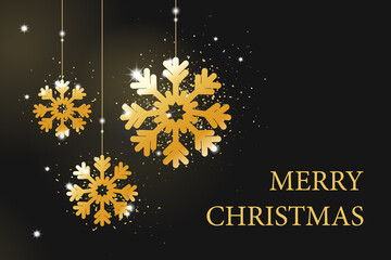 Fototapeta premium Christmas greeting card with golden hanging snowflakes.