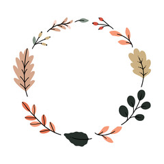 Hand drawn illustrated circle wreath design. Fall foliage.