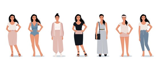 Stylish modern woman in flat style. Vector female characters in different clothes. Comfortable home clothes. Evening outfit. Office suit.