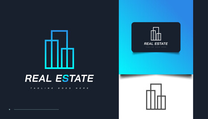 Blue Abstract Real Estate Logo Design Template with Line Style. Construction, Architecture or Building Logo Design