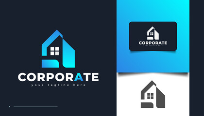 Clean and Minimalist Real Estate Logo Design in Blue Gradient. Construction, Architecture or Building Logo Design