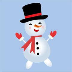 Christmas design with a happy snowman. Cute snowman vector design on a blue background. A winter snowman with neck muffler, gloves, carrot nose, hat, and buttons.