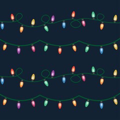 Glowing Christmas lights isolated on dark background. Christmas lights vector design with a set of beautiful glowing lights. Colorful light decoration for any kind of party or occasion.