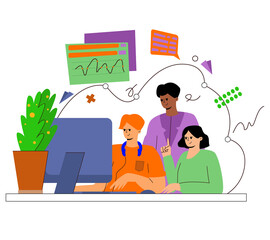 A company of colleagues works together. Colleagues solve a common problem. Teamwork, work on a task, work in the office