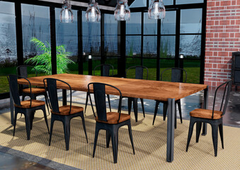 3D rendering of an industrial loft dining room interior