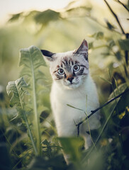 Portrait of a Thai cat in nature. A Thai cat walks in the leaves.