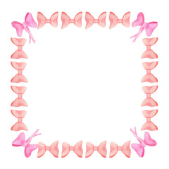 Fototapeta premium Watercolor ribbon bows frame. Hand painted cute pink border. Square card template for baby shower, girl birthday, scrapbooking. Kids nursery illustration