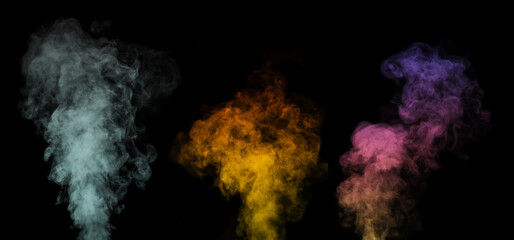 A set of multi-colored different vapors, smoke on a black background to overlay on your photos. Perfect smoke, steam, fragrance, incense for your photos. Create mystical Halloween photos.