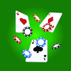 Poker Card and Chips Illustration. Flying Poker Game Item with Green Background