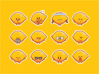 Cute and Kawaii lemon citrus Character Sticker Illustration Set With Various Activity and Happy Expression for mascot badge