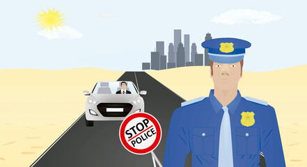 Policeman stops car to control. vector