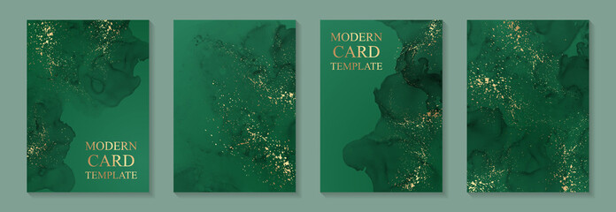 Modern watercolor background or elegant card design for birthday invite or wedding or menu with abstract green ink waves and golden splashes.