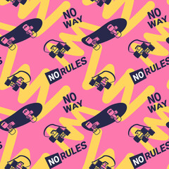 Vector Illustration of Black Skate Board and Quote No Rules. Skateboarding Seamless Pattern with Skateboard. Flat Style Skate Graffiti Pink Background