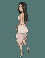 cartoon sexy woman in a light dress and high heels running away