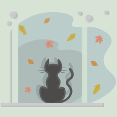 Pensive gray cat sits on the windowsill and looks at the falling autumn leaves. Gray rainy weather in late autumn. View from the window. Vector illustration. For printing postcards, networks.