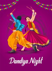 Obraz na płótnie Canvas Garba Night poster for Navratri Dussehra festival of India. vector illustration of girls playing Dandiya dance.