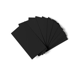 Blank black business cards isolated with clipping path on white background. Top view.