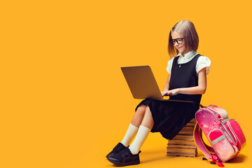 Full length smiling schoolgirl sit on the stack of books work on laptop. Kids education concept.