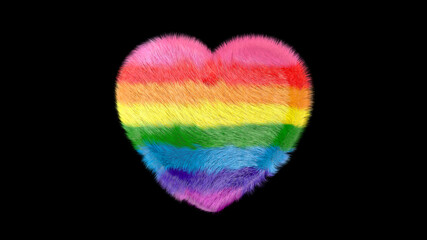 Colorful rainbow heart shape, 3D render on black background, soft fur texture.