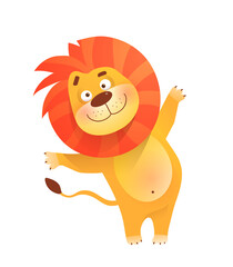 Obraz na płótnie Canvas Funny friendly greeting lion for kids and children, African humorous safari animal mascot. Isolated vector lion clipart in watercolor style.