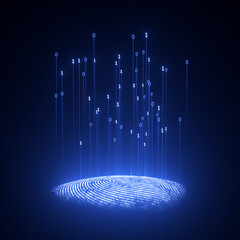 Binary codes coming out of the holographic fingerprint. 3D illustration technology and science concept. - 458297358