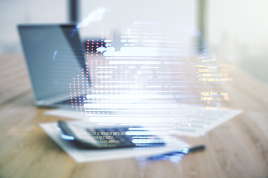 Multi exposure of abstract programming language hologram and world map on calculator and pc background, artificial intelligence and neural networks concept