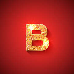 Glowing Golden Letter B on red colored background. English alphabet. For decoration of any holidays, sale offers, birthday, new year, christmas or casino designs. - 458297577