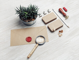 Photo of blank kraft corporate identity. Stationery set. Branding mockup.