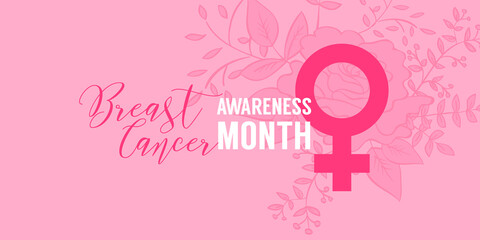 Pink background with female sign. Breast cancer awareness month lettering. Poster for october healthcare campaign - 458297921