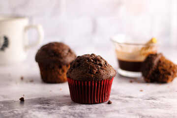 chocolate pancake on white background, red paper.