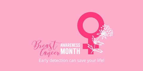 Pink background with female sign. Breast cancer awareness month lettering. Poster for october healthcare campaign - 458297936