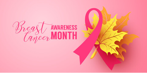 Pink background with paper ribbon symbol and yellow leaves. Poster of breast cancer october awareness month campaign - 458297944