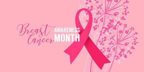 Pink background with paper ribbon symbol. Poster of breast cancer october awareness month campaign - 458297958