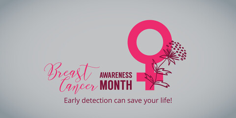 Background with female sign and breast cancer awareness month lettering. Poster for october healthcare campaign - 458297975