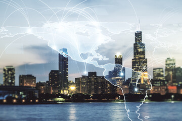 Double exposure of abstract digital world map hologram with connections on Chicago office buildings background, big data and blockchain concept