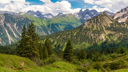 Fototapeta premium Beautiful alpine summer view at the famous Fellhorn summit near Oberstdorf, Bavaria, Germany