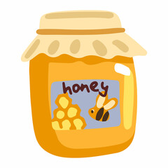 Jar with honey, remedy food. Colored cartoon doodle. Hand drawn vector illustration. Single drawing isolated on white background. Element for design, print, sticker, card, decoration, wrap.