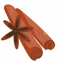 Anise and cinnamon, Christmas spice. Colored cartoon doodle. Hand drawn vector illustration. Single drawing isolated on white. Element for holidays design, print, sticker, card, decoration, wrap.