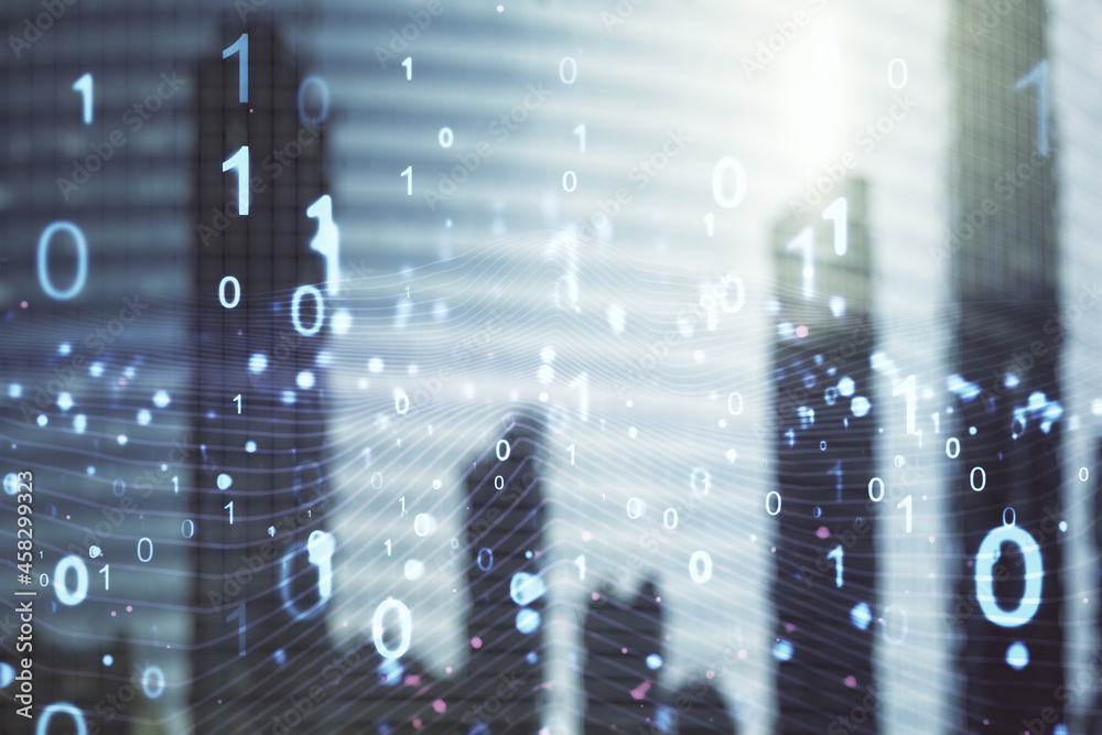 Leinwandbilder Abstract virtual binary code illustration on office buildings background. Big data and coding concept. Multiexposure