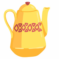 Cute teapot with pattern. Colored cartoon doodle of cozy tableware. Hand drawn vector illustration. Single drawing isolated on white. Element for design, print, sticker, card, decoration, wrap.