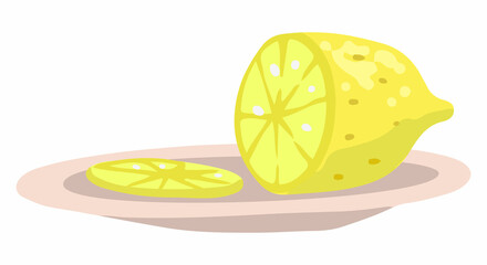 Sliced lemon on a plate, citrus fruit. Hand drawn vector illustration. Colored cartoon doodle. Single drawing isolated on white background. Element for design, print, sticker, card, decoration, wrap.