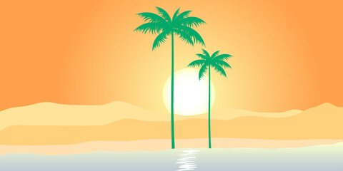 Landscape of desert with palm trees. An oasis in the desert. Vector illustration.